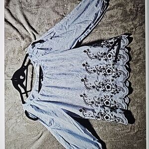Velvet Blouse Top Women Med Blue Pinstripe Long Sleeve Boho Floral Embroidered